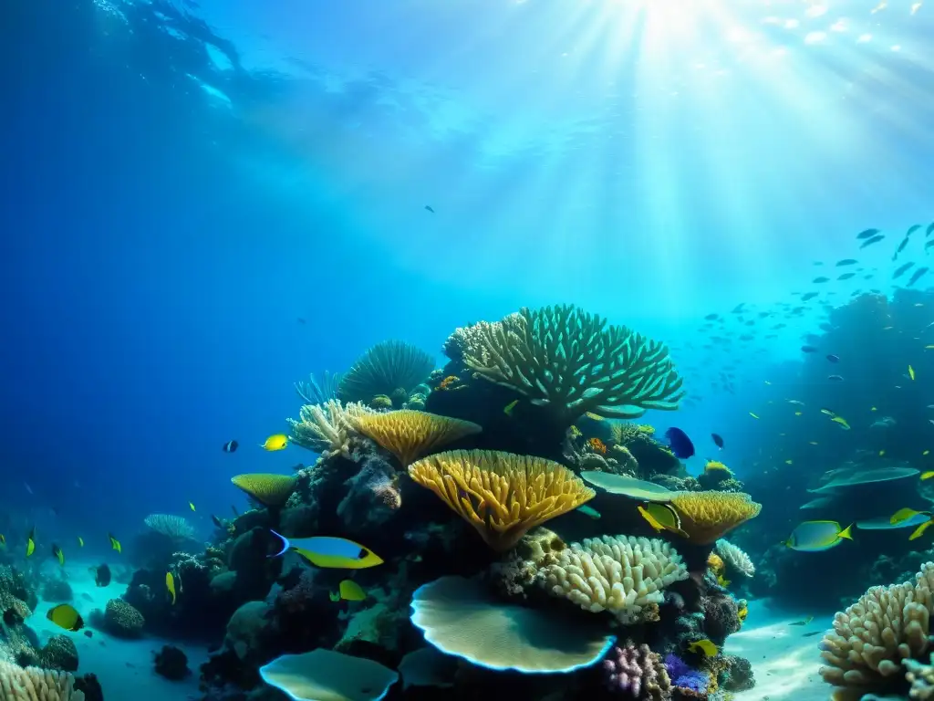 Un vibrante arrecife de coral rebosante de vida marina con peces coloridos, plantas marinas y formaciones de coral