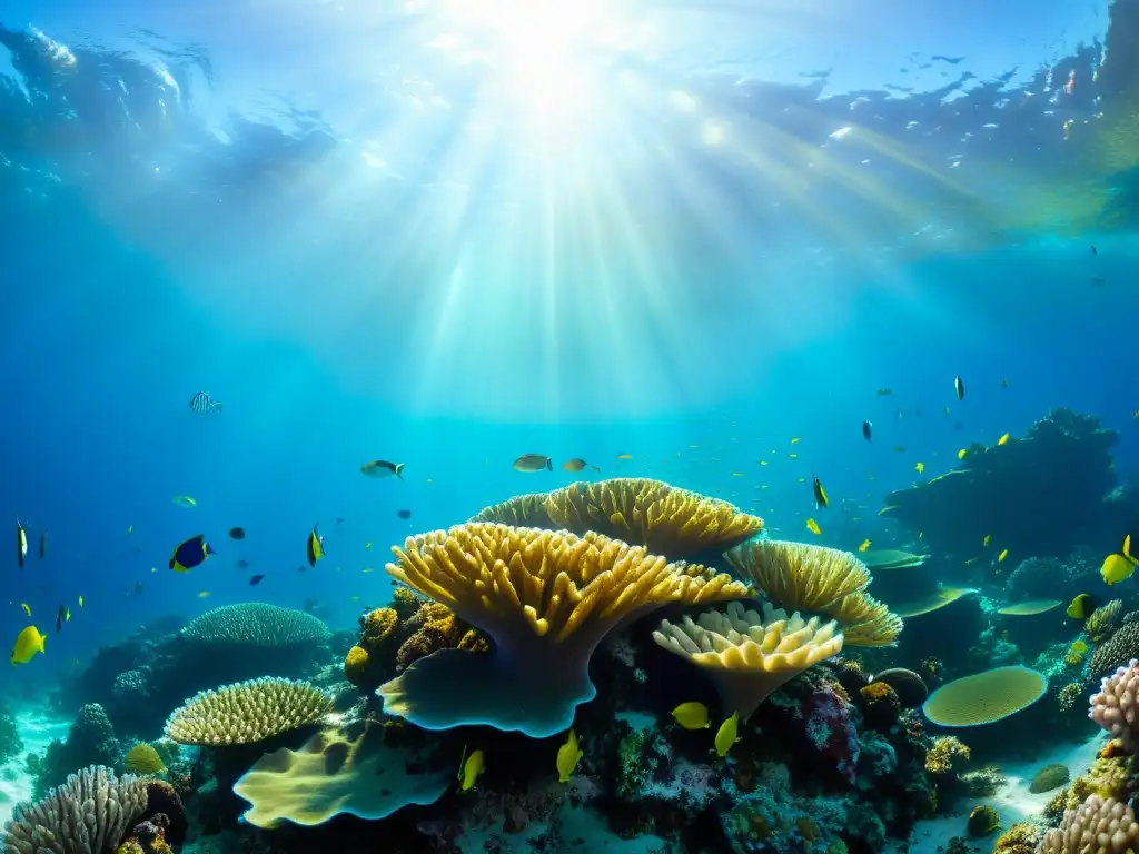 Un vibrante arrecife de coral rebosante de vida marina y luz solar, mostrando el impacto del cambio climático en la salud de los océanos