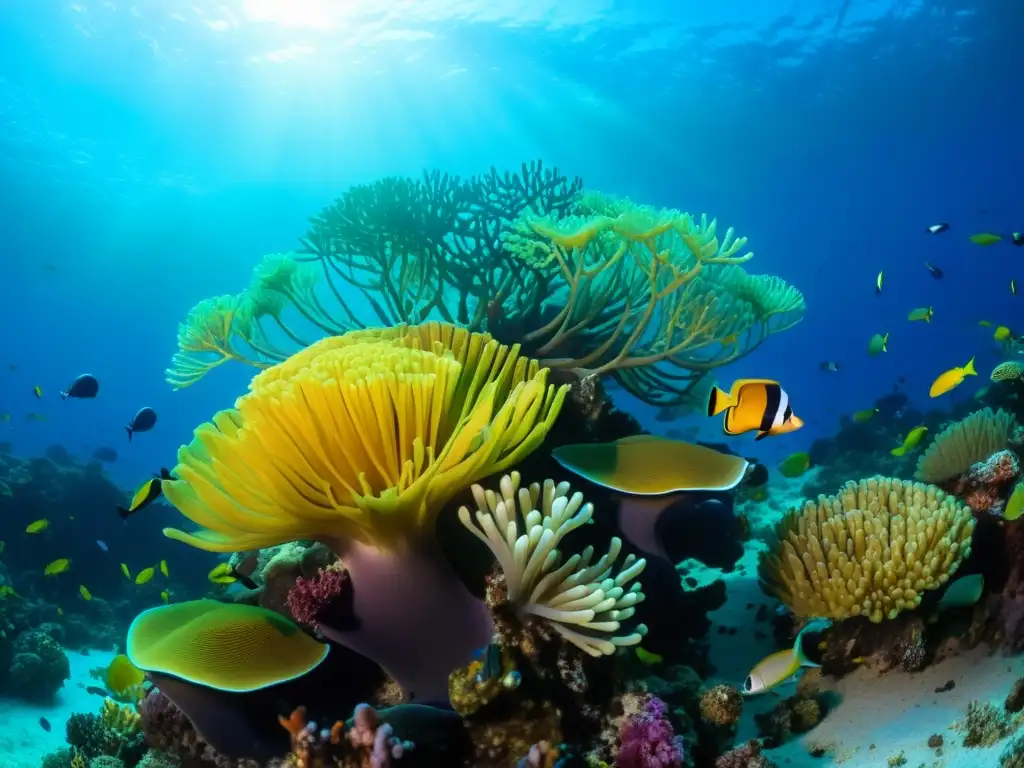 Un vibrante arrecife de coral rebosante de vida marina y estrategias reproductivas mundo marino