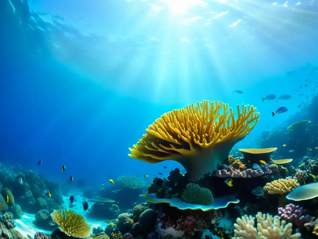 Un vibrante arrecife de coral rebosante de vida marina, bañado por la luz dorada del sol