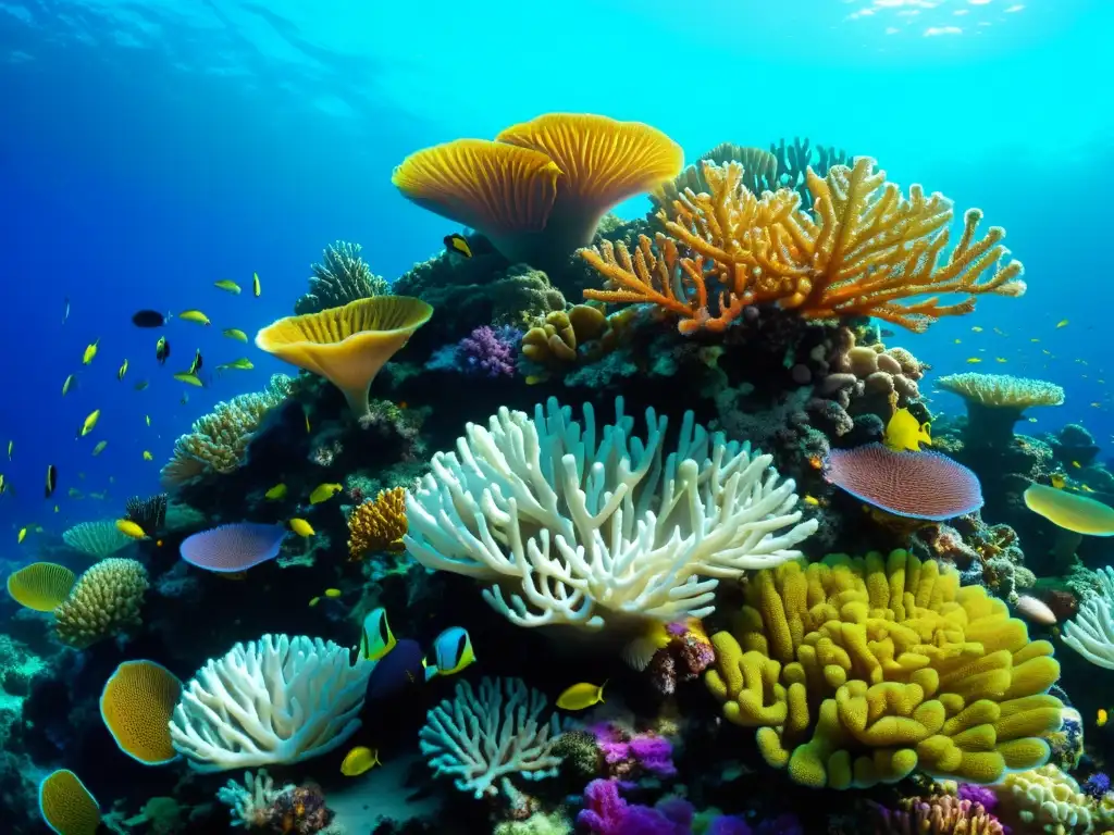 Un vibrante arrecife de coral rebosante de vida marina, destacando la diversidad de especies de corales y otros seres marinos