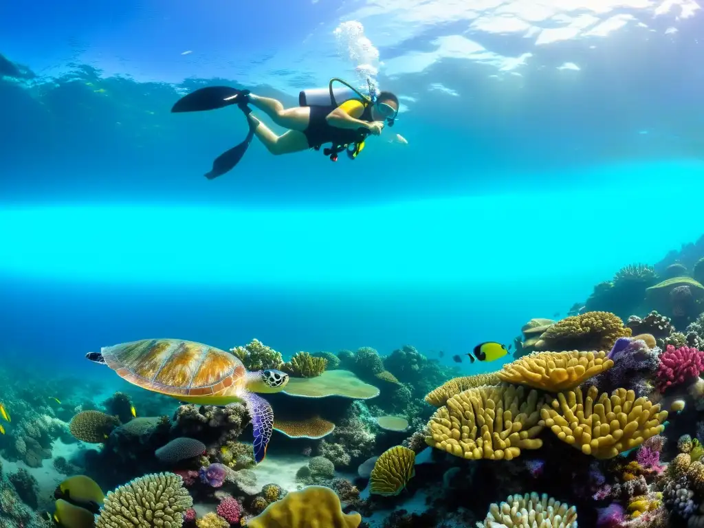 Un vibrante arrecife de coral rebosante de vida marina, con una diversidad de especies de coral en distintas formas, tamaños y colores