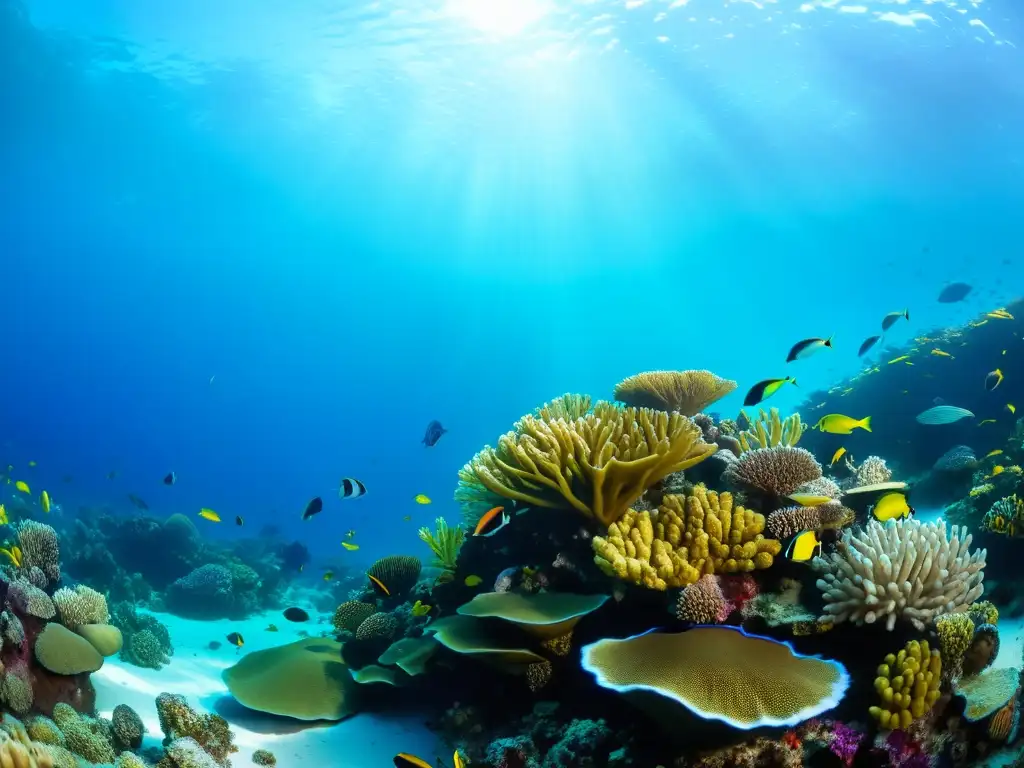 Arrecife de coral vibrante: vida submarina exótica Un vibrante arrecife de coral rebosante de vida marina exótica, con peces coloridos, formaciones de coral intrincadas y plantas marinas ondeando