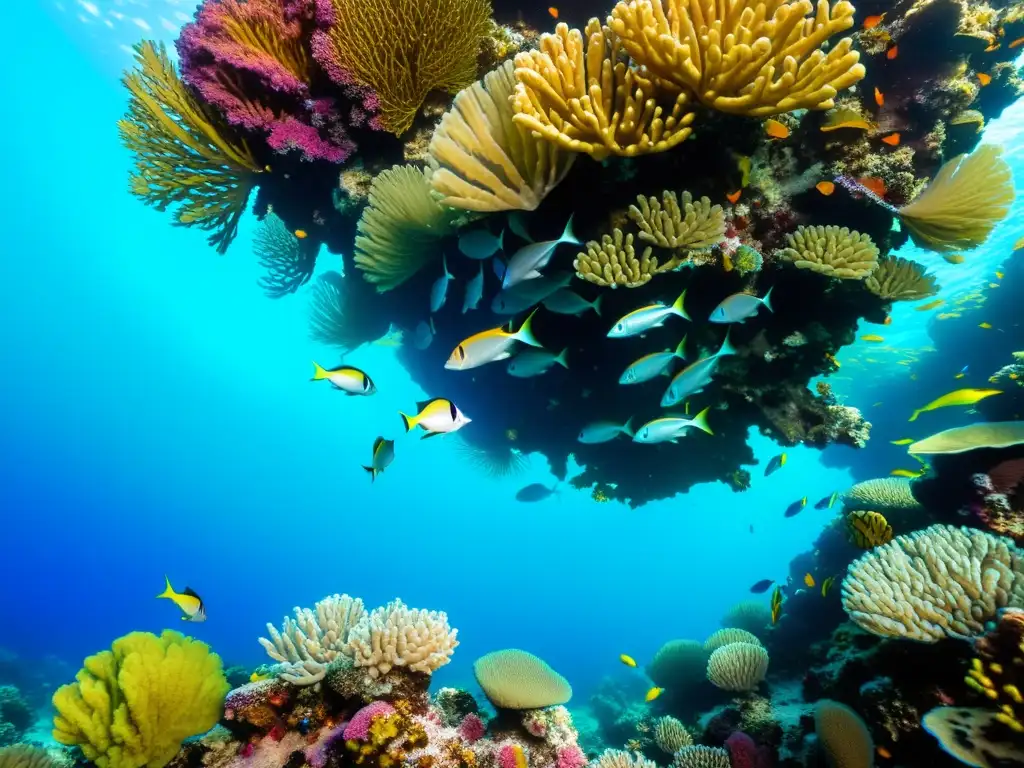 Un vibrante arrecife de coral rebosante de vida marina, mostrando los efectos de la sobrepesca en arrecifes