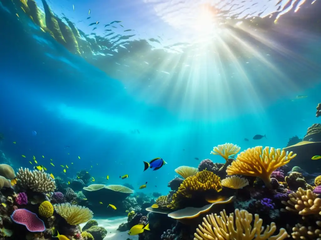 Arrecife de coral: vida marina vibrante y colorida Un vibrante arrecife de coral rebosante de vida marina exótica, con peces coloridos, formaciones de coral intrincadas y plantas marinas ondeantes