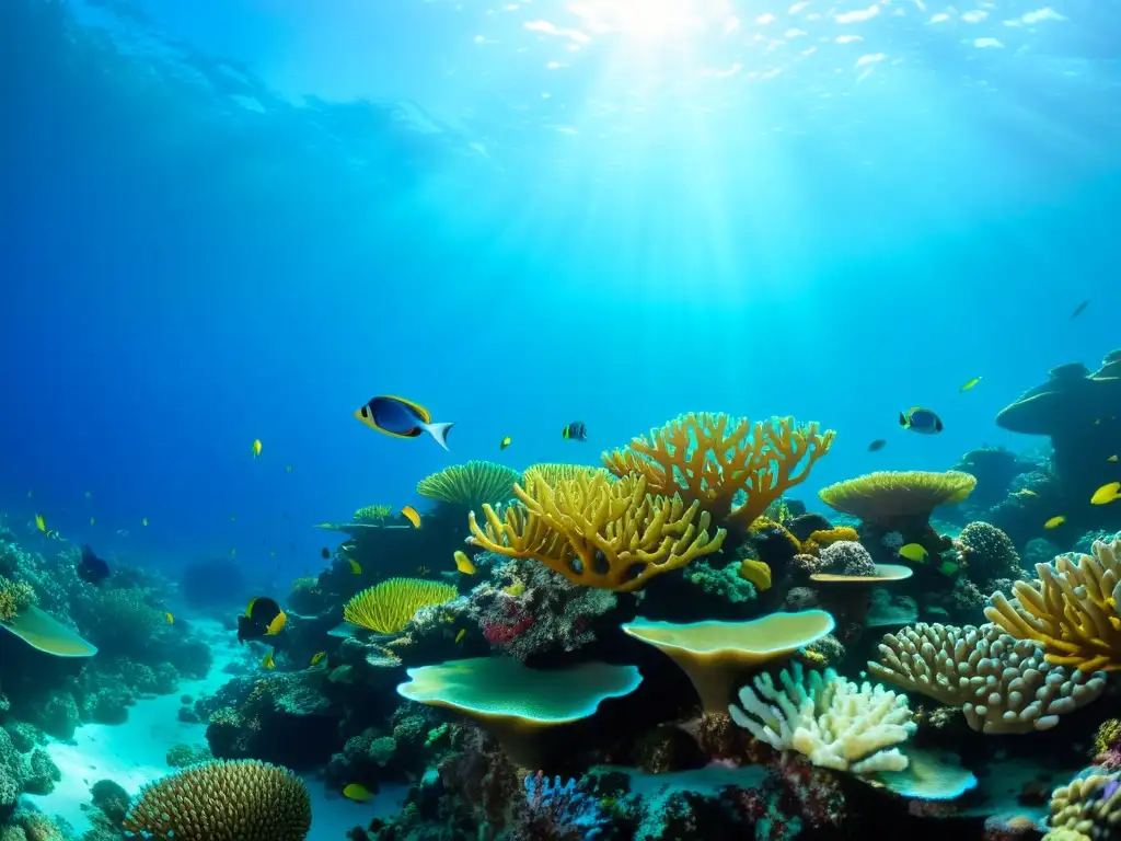 Vibrante arrecife de coral, muestra la resiliencia de los corales en ecosistemas marinos, con diversidad de vida y colores impresionantes