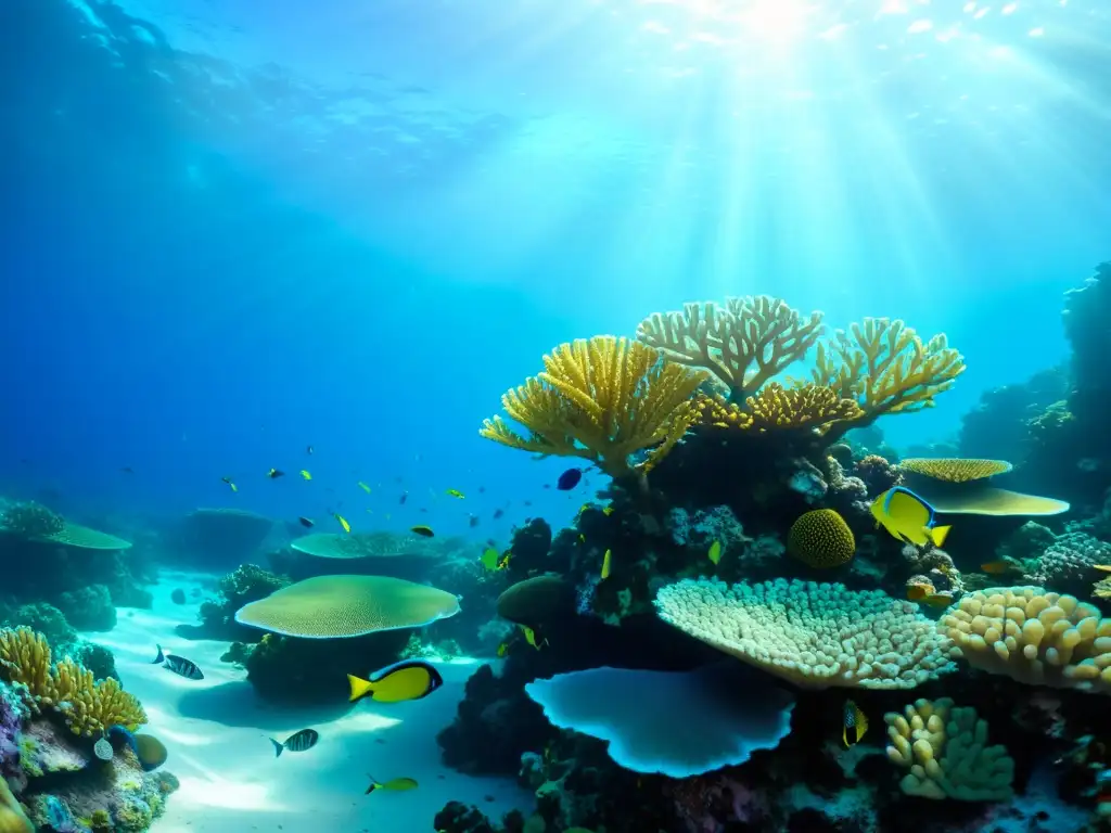 Un vibrante arrecife de coral documentando vida marina arrecifes coral, con peces coloridos y formaciones de coral, bañado por la luz del sol