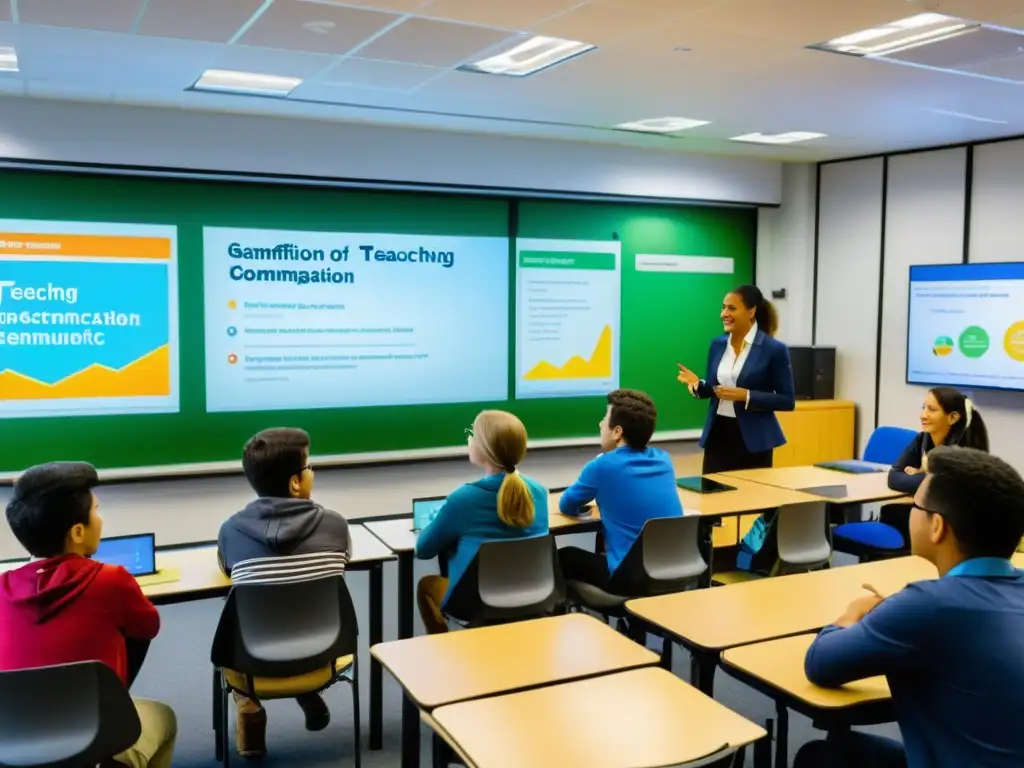 Vibrante aula con gamificación en enseñanza de ecosistemas, estudiantes participativos y tecnología interactiva junto a métodos tradicionales