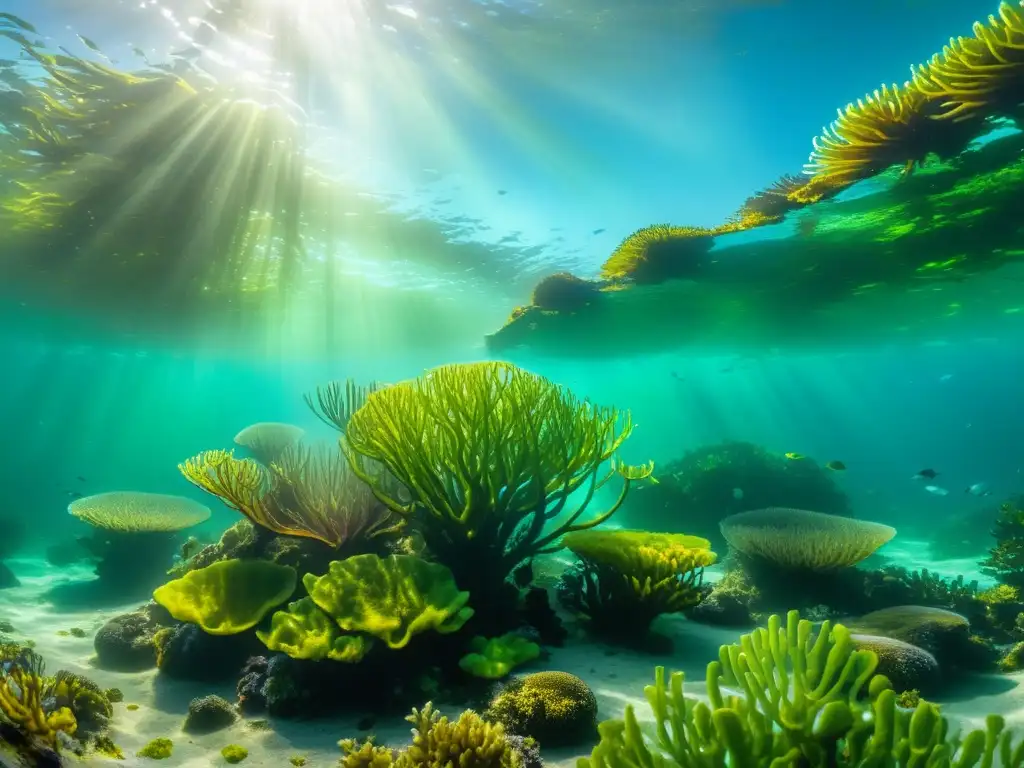 Vibrante bosque de algas marinas bajo el agua, con colores y criaturas marinas, mostrando la importancia de las algas marinas en el ecosistema marino