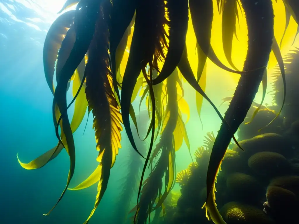 Vibrante bosque de algas marinas bajo el agua, con luz solar iluminando los frondosos y dorados tallos