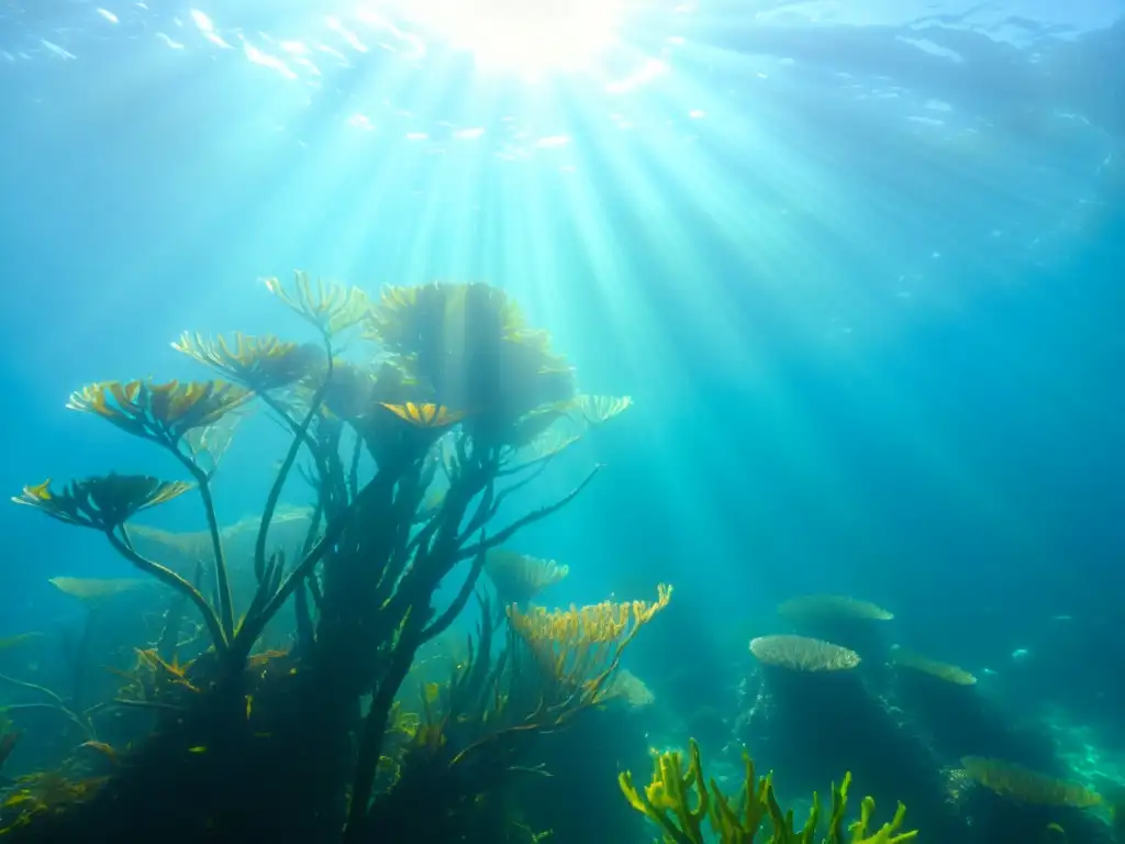 Vibrante bosque de algas ecosistema marino: luz solar filtra el agua, creando patrones sobre frondas verdes y vida marina variada