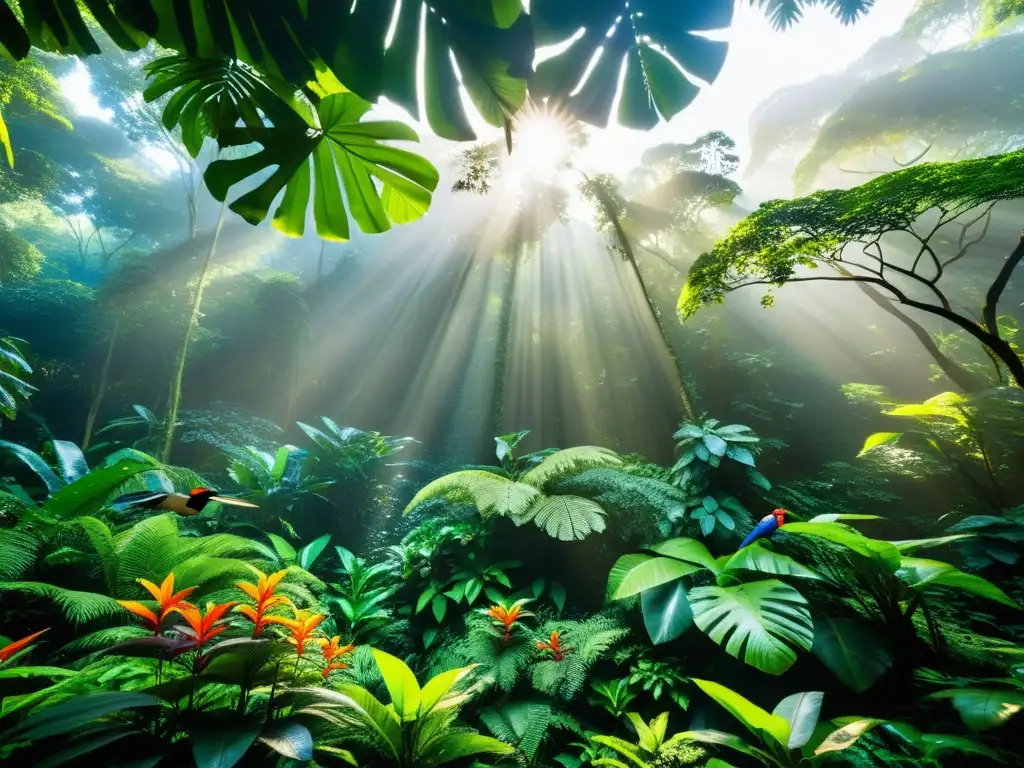 Vibrante bosque tropical, vida exuberante, sol filtrándose entre la densa vegetación