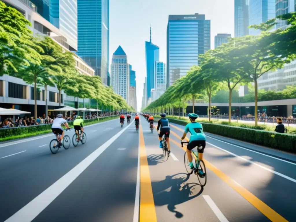 Vibrante calle de la ciudad con ciclistas en soluciones movilidad sostenible ciudades inteligentes