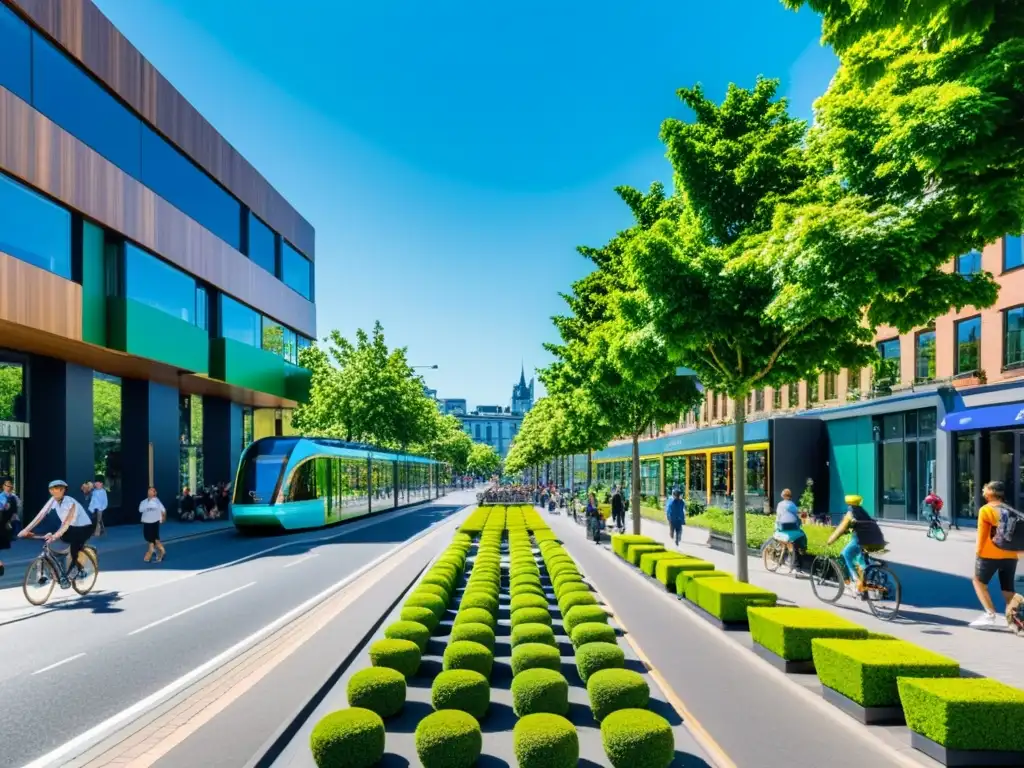 Vibrante calle de ciudad con árboles, tranvía eléctrico y edificios ecológicos, reflejando planificación urbana enfoque ecológico ciudades verdes