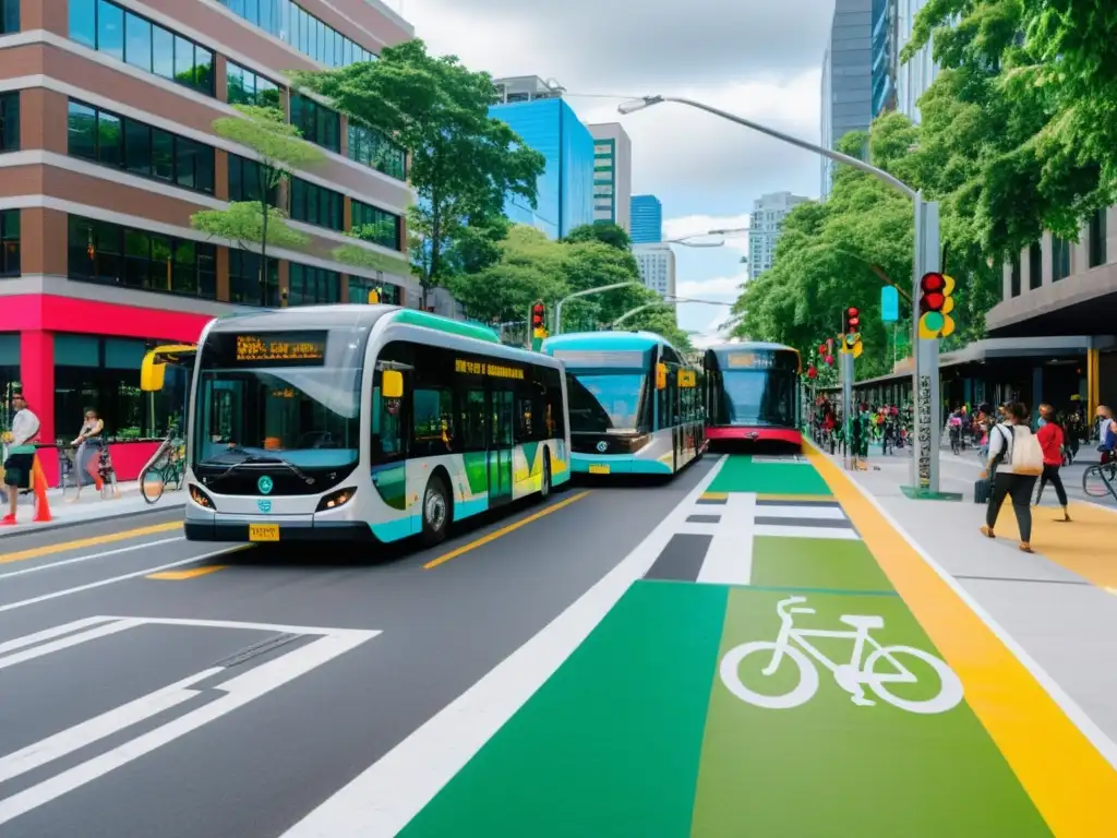 Vibrante calle de ciudad sostenible con buses eléctricos, ciclistas y peatones, integrando soluciones movilidad sostenible ciudades inteligentes