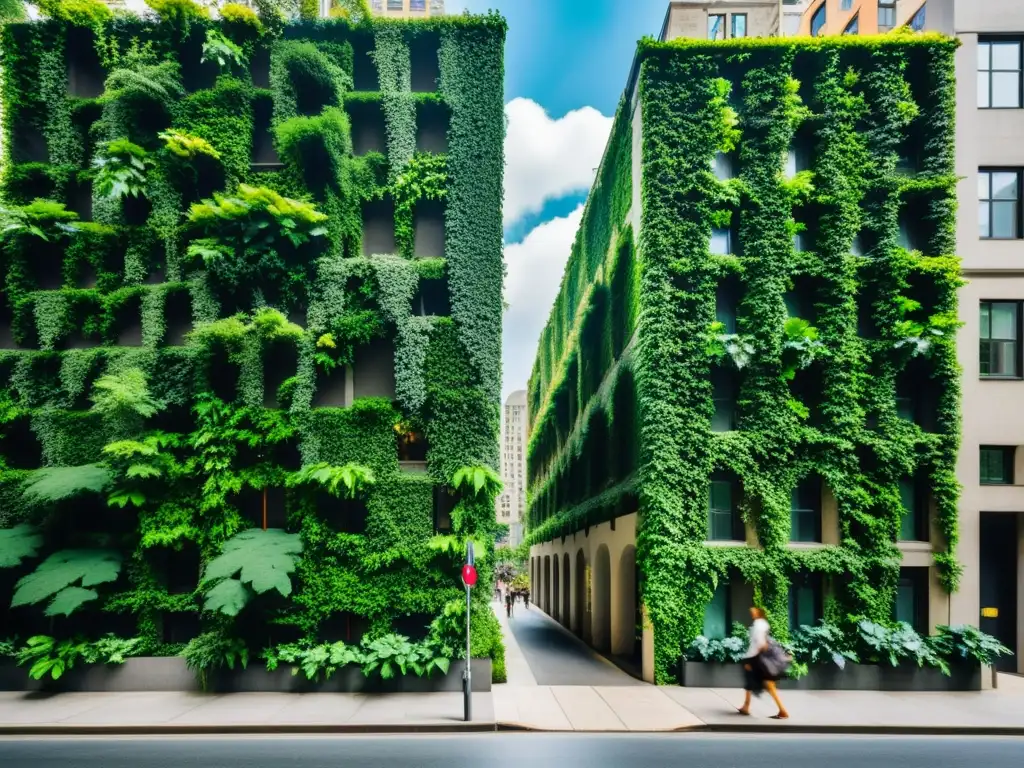 Vibrante calle urbana con edificios cubiertos de hiedra, simbolizando la integración de naturaleza en ciudades