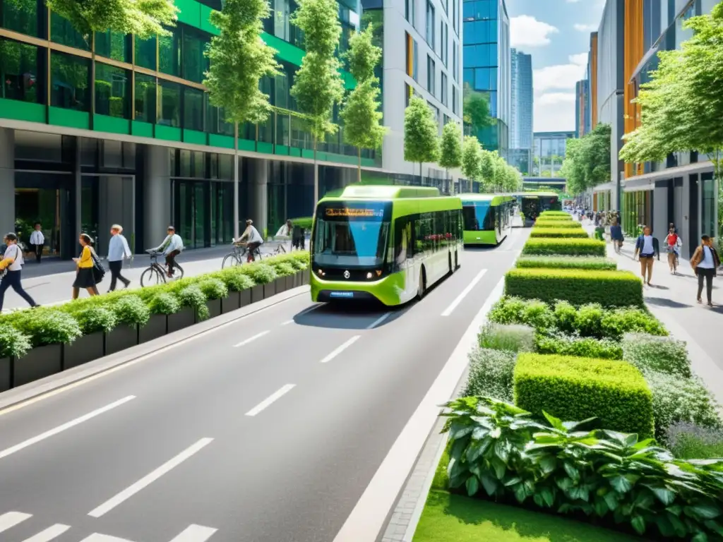 Vibrante calle urbana con transporte público verde sostenible, modernos edificios ecológicos y vegetación exuberante