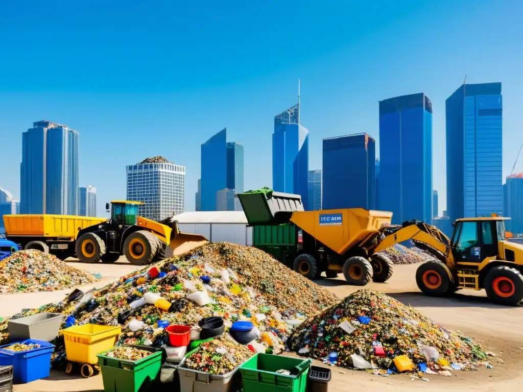 Centro de reciclaje urbano: trabajadores y maquinaria en acción Un vibrante centro urbano de reciclaje con trabajadores clasificando materiales reciclables, maquinaria procesando desechos y rascacielos