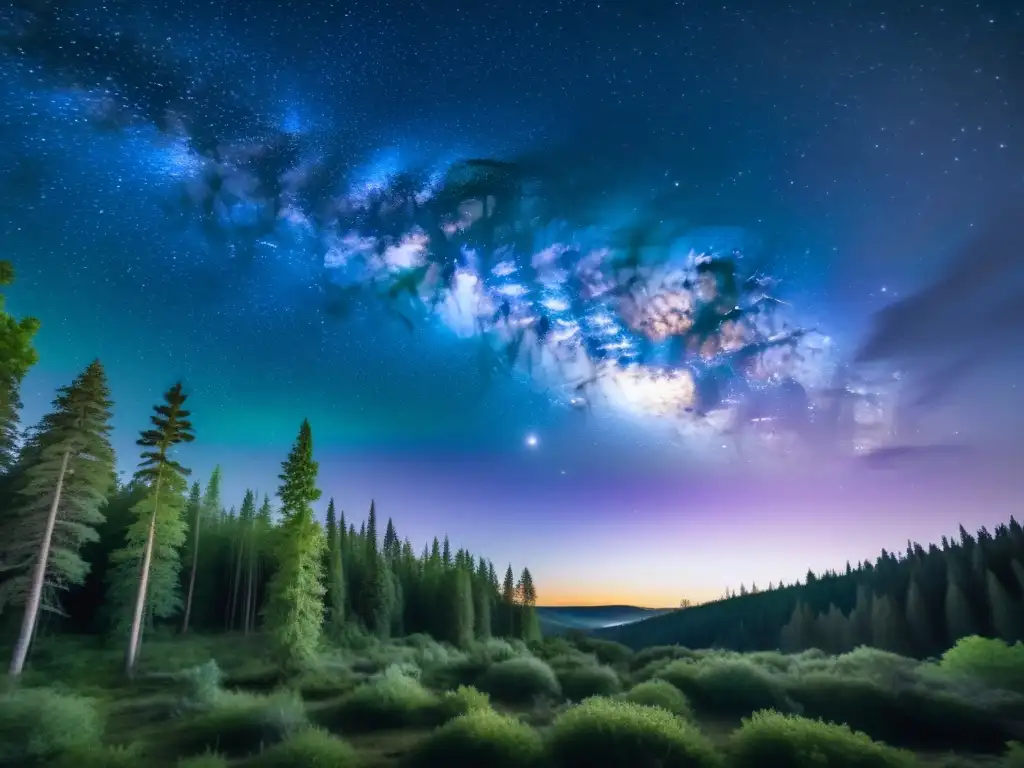 Vibrante cielo estrellado sobre un bosque tranquilo, evocando la importancia de la preservación de los cielos nocturnos naturales