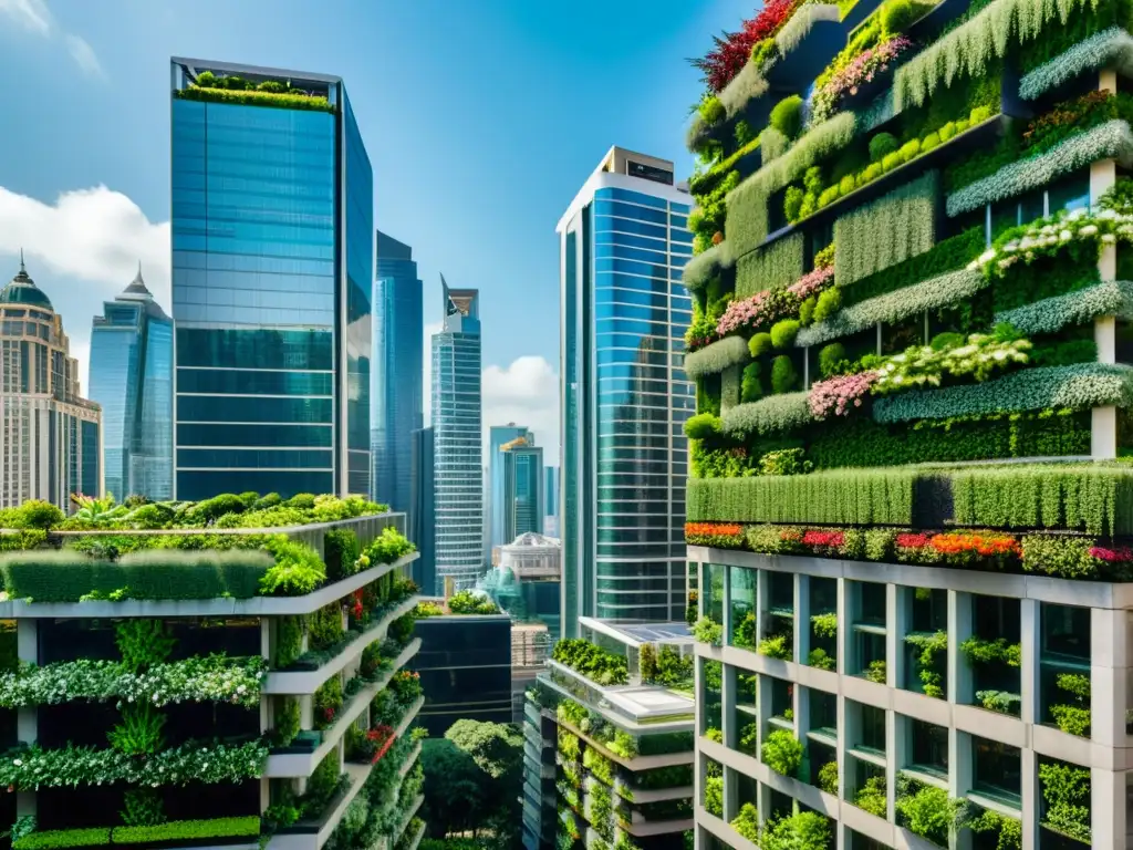 Vibrante ciudad con jardines verticales ecosistemas urbanos, armonía natural en entorno urbano 8k