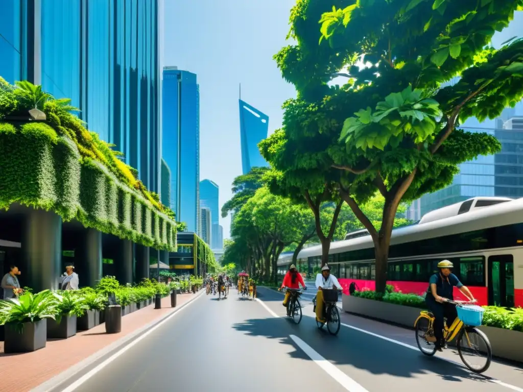 Vibrante ciudad con rascacielos verdes, jardines colgantes y calles arboladas