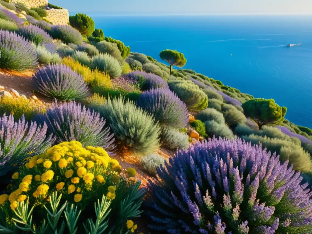 Vibrante colina mediterránea con plantas aromáticas, el mar al fondo y el cálido sol