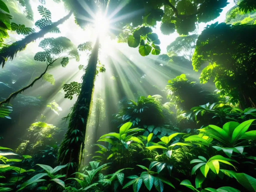 Vibrante competencia por la luz en la exuberante selva tropical, con árboles imponentes, lianas retorcidas y una densa vegetación bajo el dosel