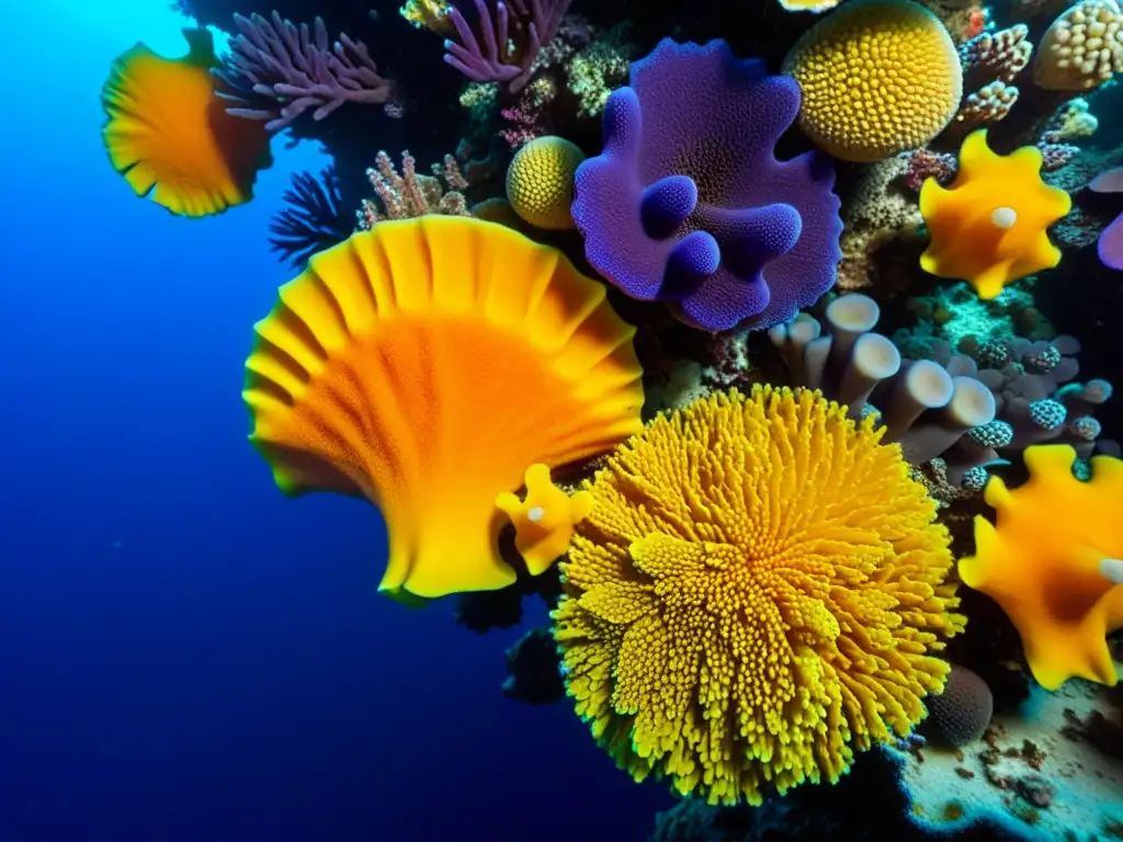 Vibrante comunidad de esponjas en arrecife coral, destacando la importancia de las esponjas en el ecosistema marino