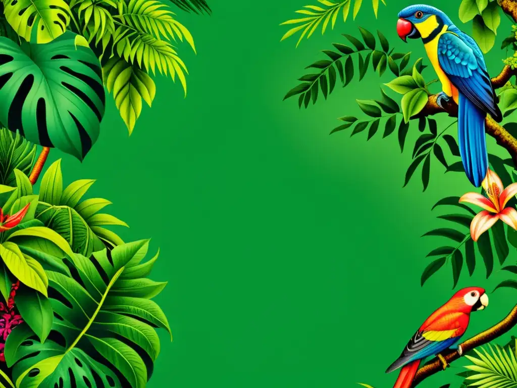 Vibrante ilustración detallada de la flora y fauna mundial en la selva tropical