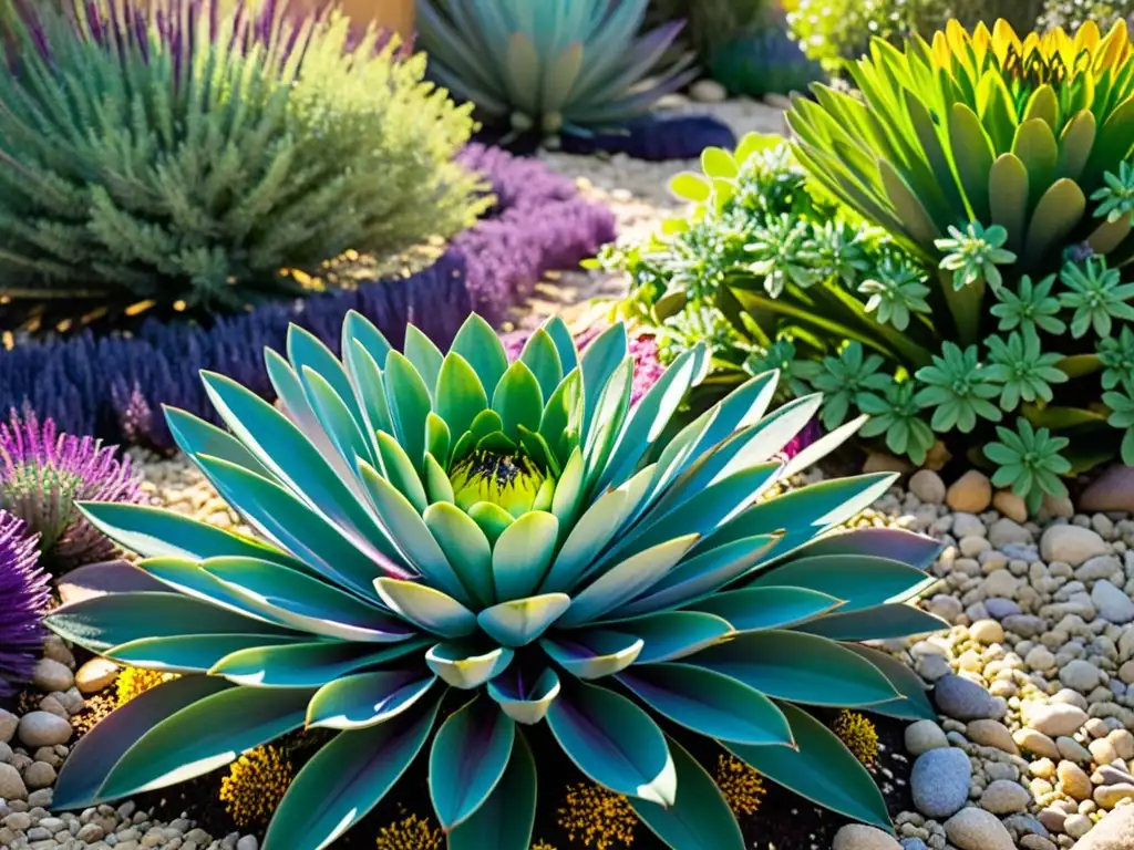 Un jardín xeriscape vibrante y detallado, con plantas resistentes a la sequía y un sistema de riego eficiente