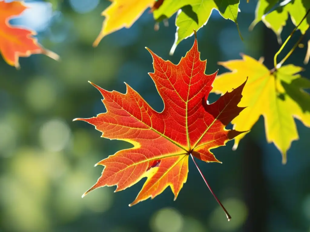 Un vibrante día de otoño en un bosque mediterráneo, con una hoja de arce rojo en primer plano y un fondo de árboles verdes iluminados por el sol