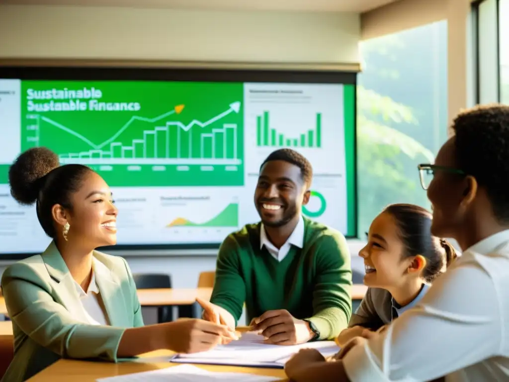 Vibrante discusión sobre inversiones sostenibles para educación financiera en aula iluminada