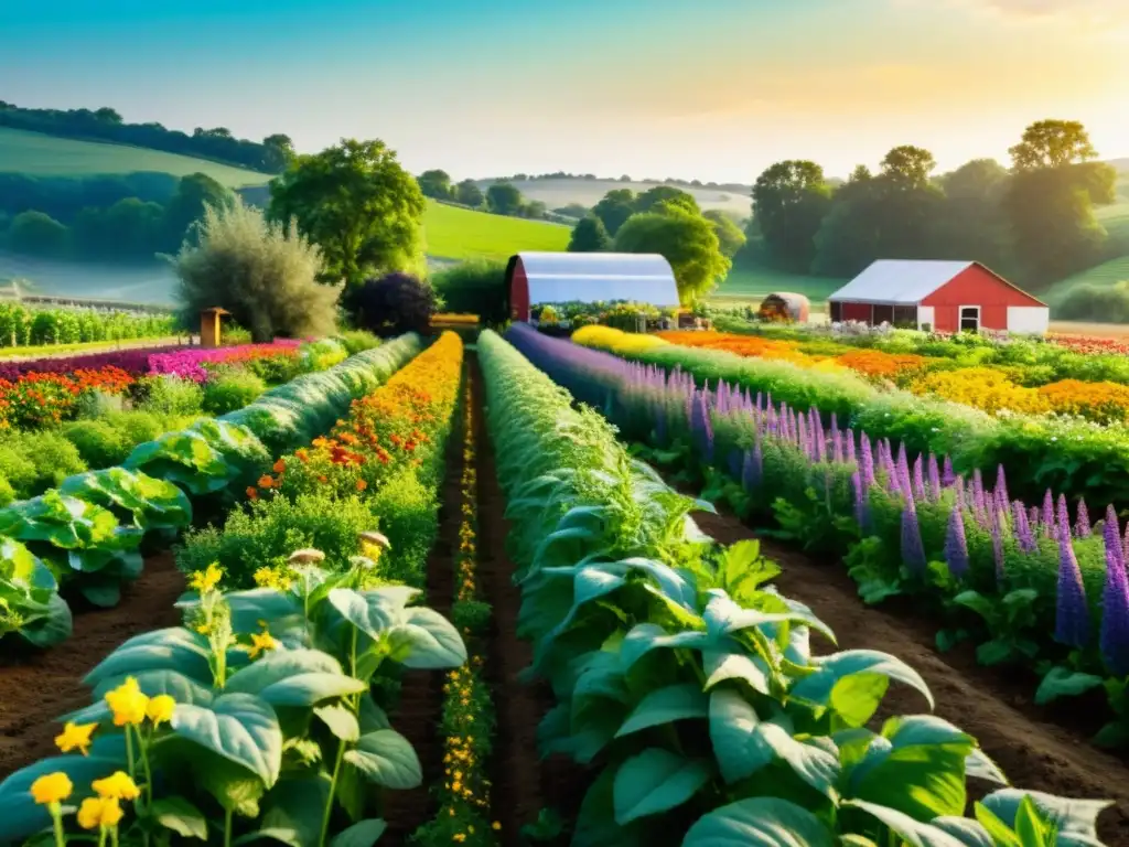 Un vibrante y diverso huerto orgánico, con flores, hierbas y vegetales coloridos