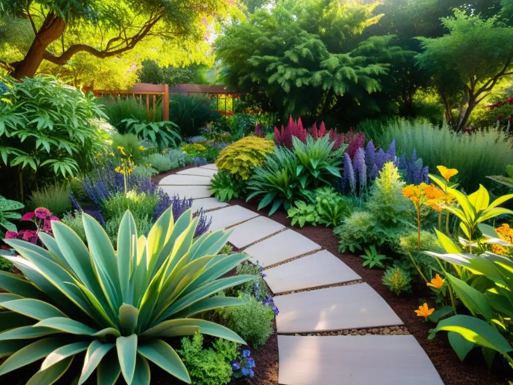 Un jardín vibrante y diverso, con plantas nativas y diseño ecológico, atrayendo vida silvestre