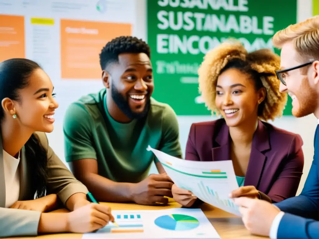 Vibrante discusión sobre formación en economía circular sostenible en aula iluminada naturalmente