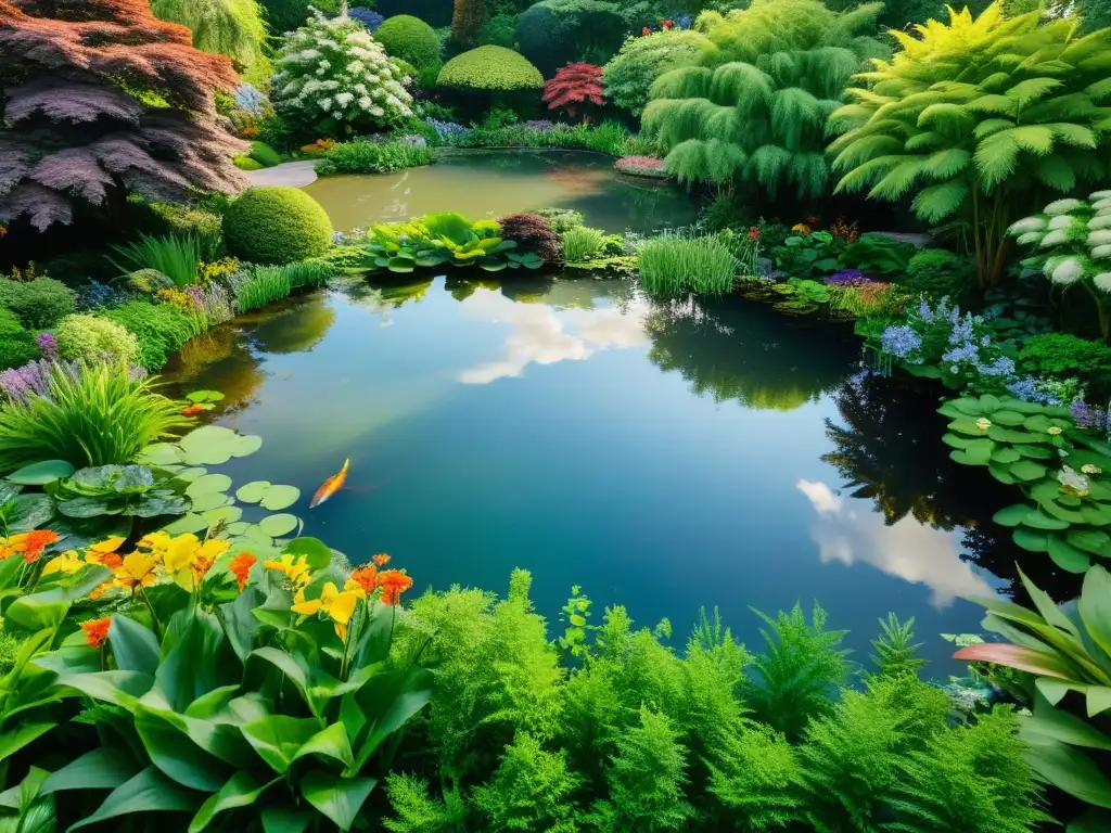Vibrante ecosistema acuático en un jardín sostenible, reflejando paz y armonía