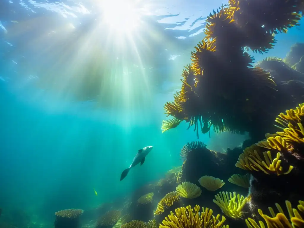 Vibrante ecosistema de algas marinas iluminado por el sol, con peces y nutrias