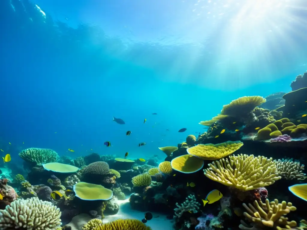 Un vibrante ecosistema de arrecife de coral con peces herbívoros coloridos que mantienen su salud y equilibrio