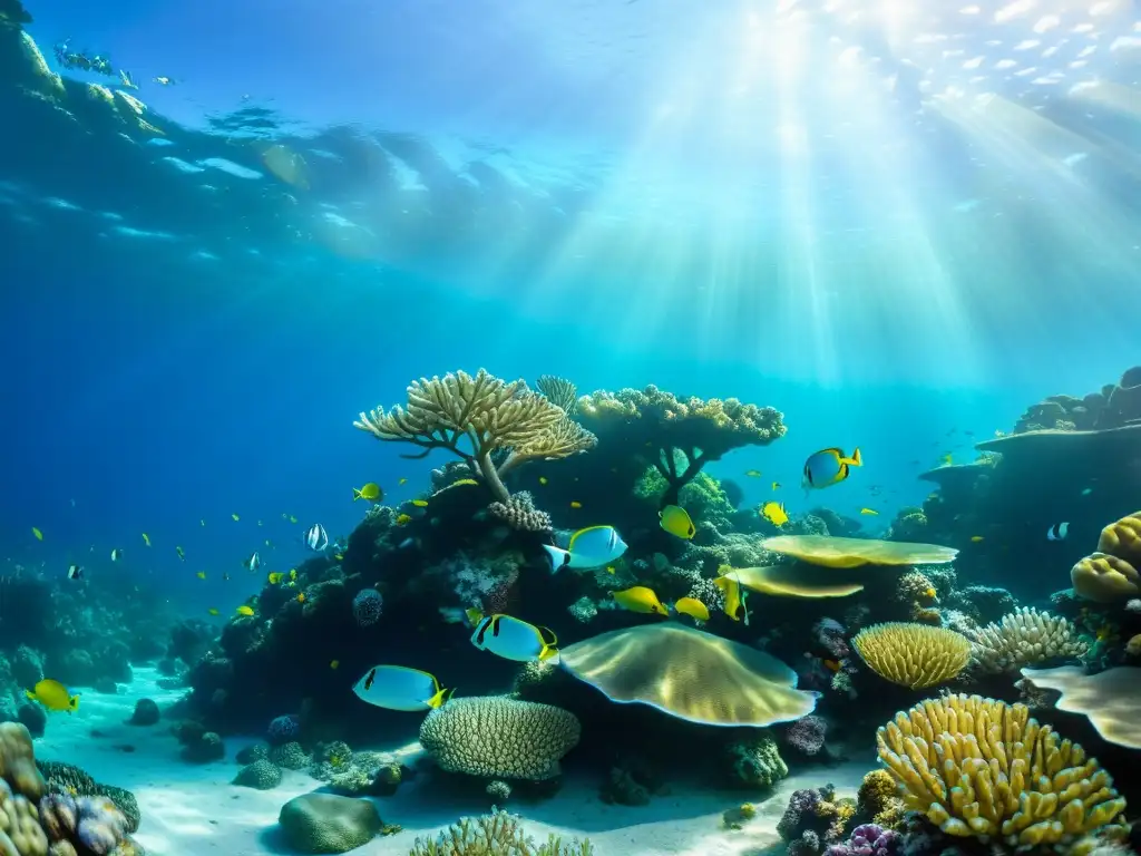 Un vibrante ecosistema de arrecife de coral, habitado por peces coloridos y tortugas marinas, resalta la belleza del medio marino