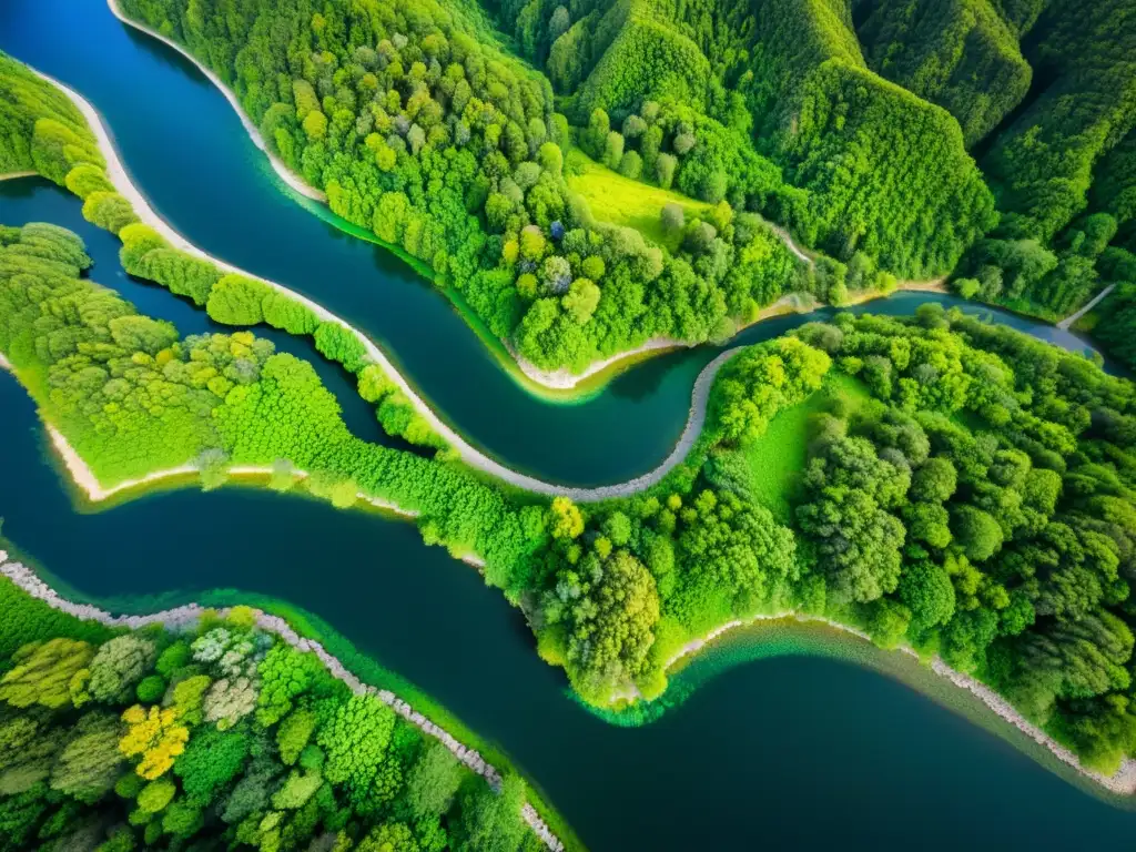 Vibrante ecosistema capturado por dron: ríos serpenteantes, densos bosques y vida silvestre