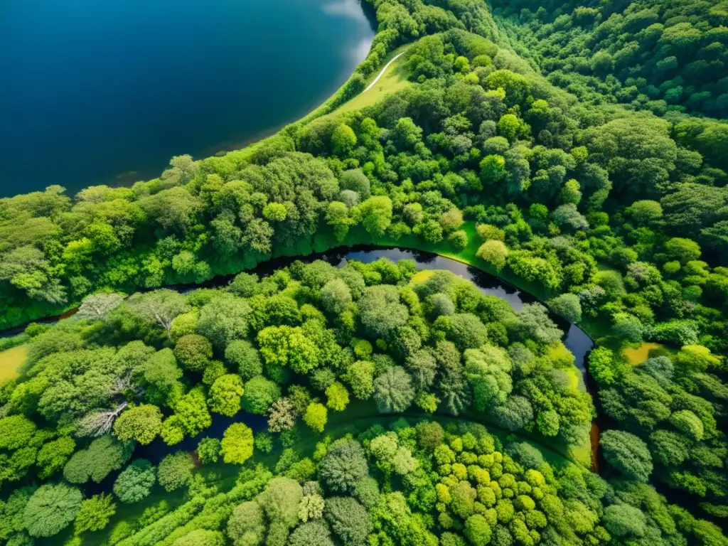 Un vibrante ecosistema capturado por un drone, mostrando la diversa flora y fauna