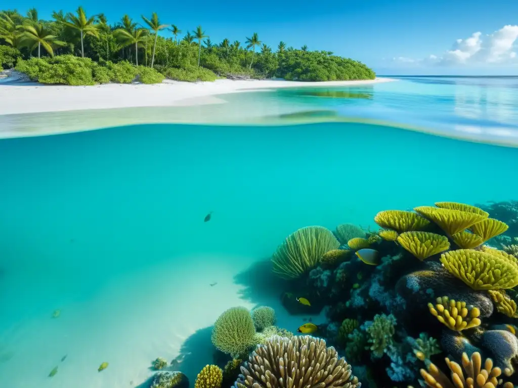 Vibrante ecosistema costero con corrientes y mareas, playas de arena y aguas turquesas cristalinas, flora y fauna variada