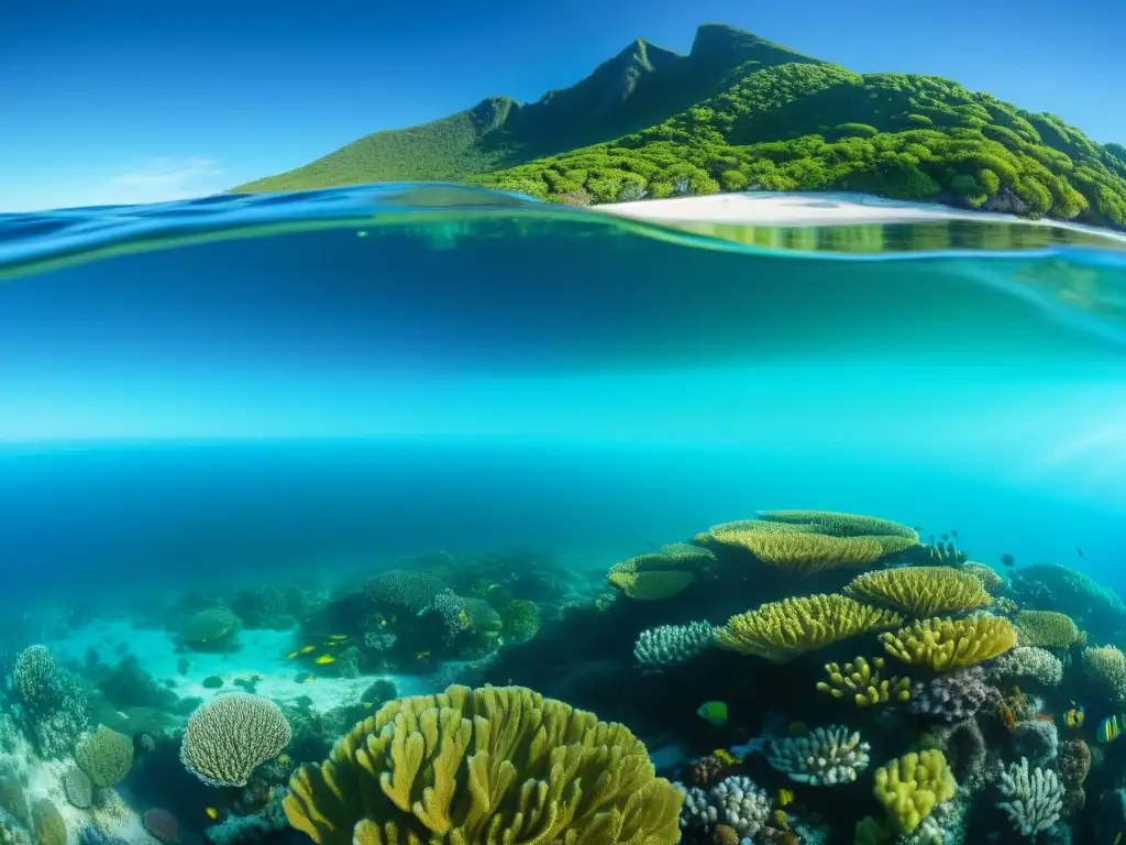 Vibrante ecosistema costero con corrientes y mareas, coral, peces y tranquilidad marina en imagen detallada 8K