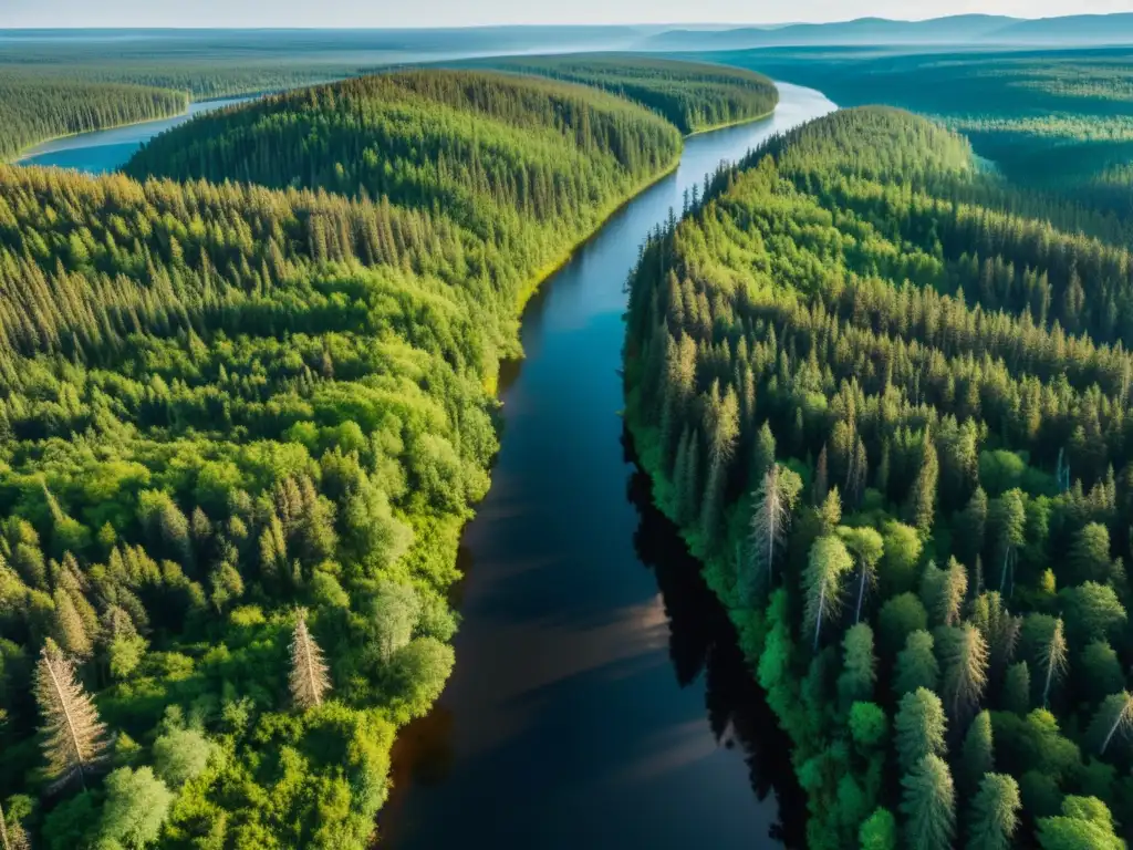 Vibrante ecosistema de la taiga siberiana: bosque denso, río sereno y luz filtrándose entre los árboles