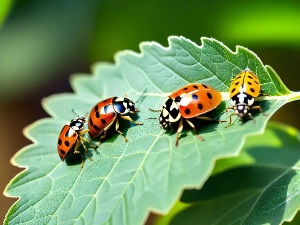 Un vibrante ecosistema de insectos beneficiosos en una planta de jardín, mostrando el control natural de plagas en jardín