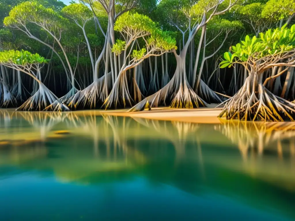 Vibrante ecosistema de manglares marinos: raíces entrelazadas, vida marina y luz filtrada