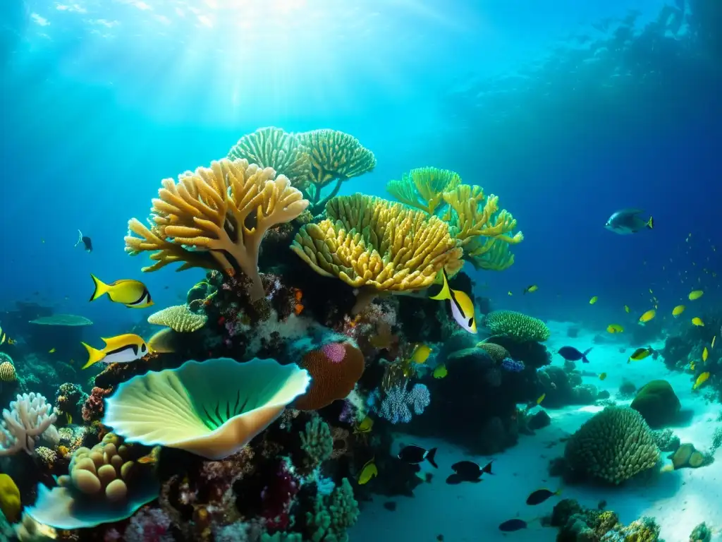 Un vibrante ecosistema marino en un arrecife de coral, con diversos habitantes alimentándose de los coloridos pólipos