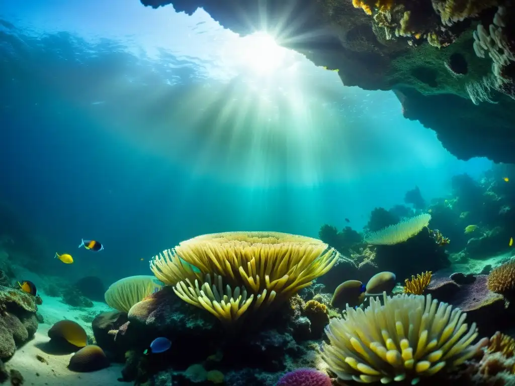 Vibrante ecosistema marino en caverna submarina, con arrecifes de coral, anémonas y peces