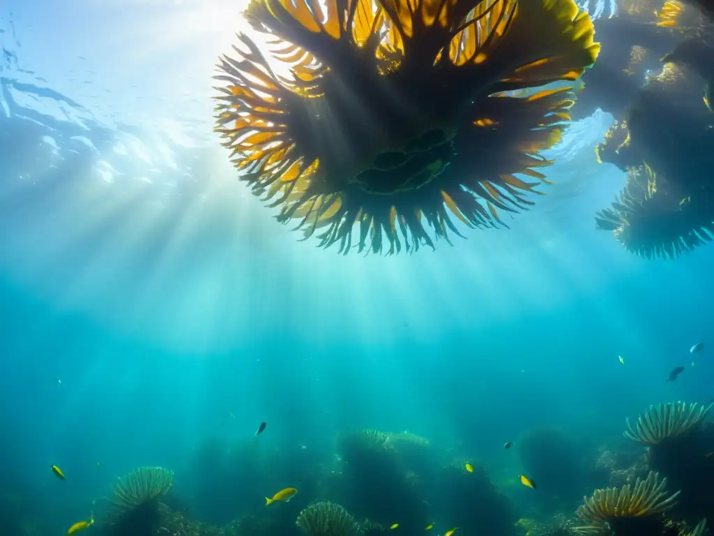 Vibrante ecosistema marino con diversidad de vida entre las algas, iluminado por el sol