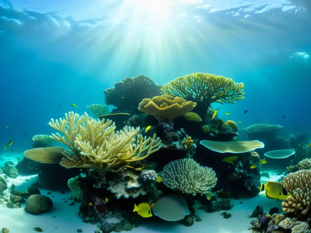 Vibrante ecosistema marino del Caribe, con diversidad de vida marina y coloridos corales bajo el agua cristalina